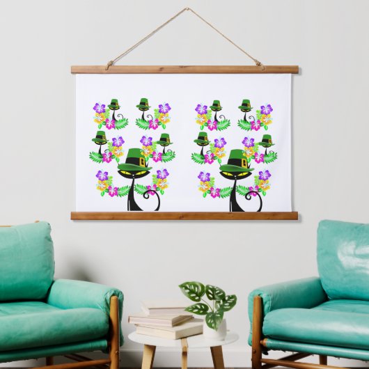 ウッドトップウォールタペストリーブラックキャット 吊り下げ型タペストリー (リビング)