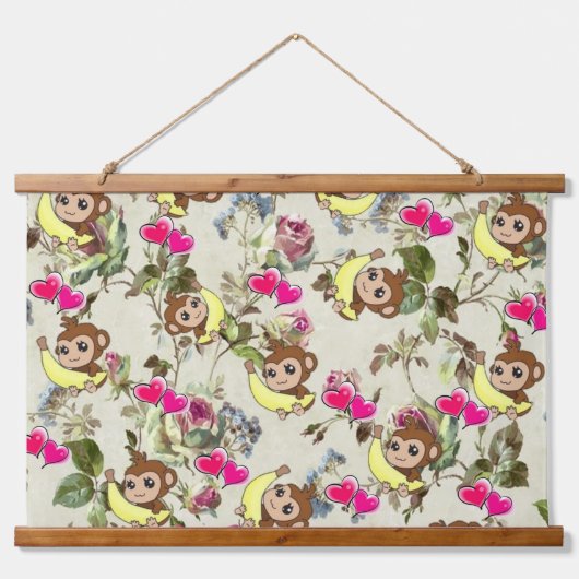 ウッドトップウォールタペストリーモンキーバナナハート 吊り下げ型タペストリー (正面)