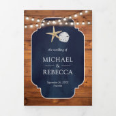 ウッドネイビーブルースターフィッシュサンドドルビーチ結婚式 三つ折り招待状 (カバー)