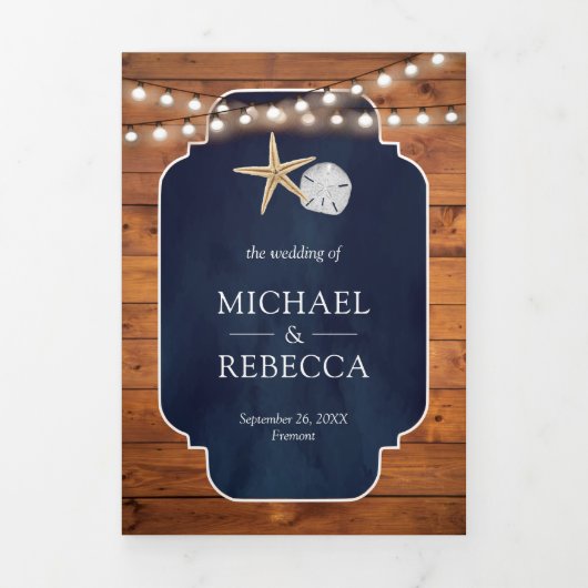ウッドネイビーブルースターフィッシュサンドドルビーチ結婚式 三つ折り招待状 (カバー)
