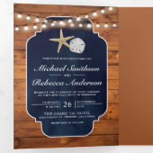 ウッドネイビーブルースターフィッシュサンドドルビーチ結婚式 三つ折り招待状 (内部最初)