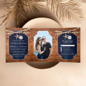 ウッドネイビーブルースターフィッシュサンドドルビーチ結婚式 三つ折り招待状