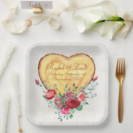 ウッドハートとバラカントリーラブ ペーパープレート (ウェディング)