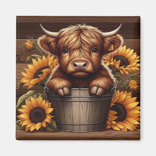 ウッドバケットにヒマワリ付きハイランドカウカーフ マグネット (正面)