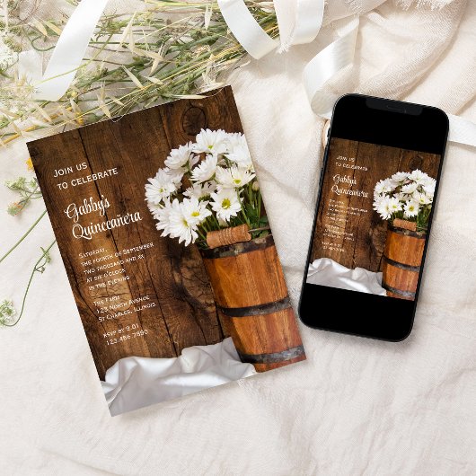 ウッドバケットホワイトデイジークインセアニラバーンパーティー 招待状