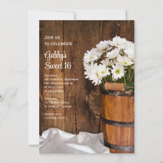 ウッドバケットホワイトデイジースウィート16バースデーパーティー 招待状 (正面)