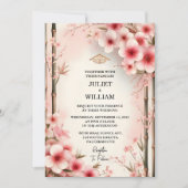 ウッドバンブーピンク桜さくらんぼブロッサム結婚 招待状 (正面)