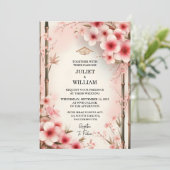 ウッドバンブーピンク桜さくらんぼブロッサム結婚 招待状 (スタンド正面)