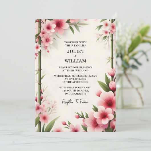 ウッドバンブーピンク桜さくらんぼブロッサム結婚 招待状 (スタンド正面)