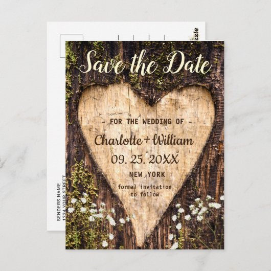 ウッドバークハートベビーブレスウェディング日付を保存 ポストカード (正面/裏面)