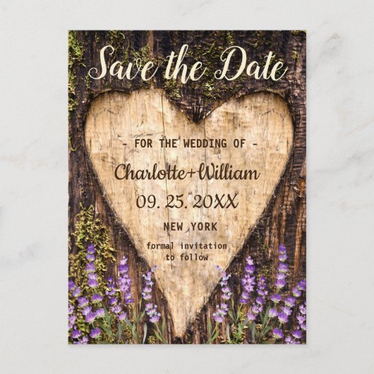 ウッドバークハートラベンダーウェディング日付を保存 ポストカード (正面)