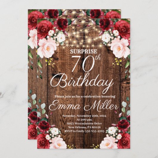 ウッドバー素朴グンディフローラサプライズ70誕生日 招待状 (正面/裏面)
