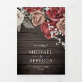 ウッドバー素朴グンディ赤いバラの写真結婚 三つ折り招待状 (カバー)