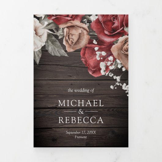 ウッドバー素朴グンディ赤いバラの写真結婚 三つ折り招待状 (カバー)