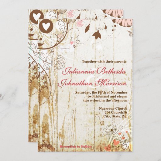 ウッドバ素朴ードケージ結婚式招待状 招待状 (正面/裏面)