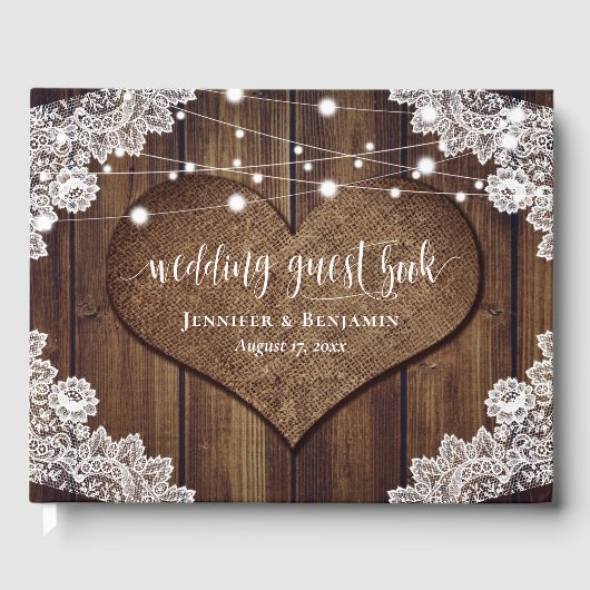 ウッドバ素朴ーラップレースのストリングライツ結婚ズ ゲストブック (正面)