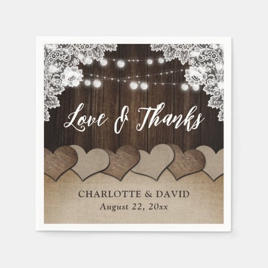 ウッドバ素朴ーラップレースのストリングライツ結婚ズ スタンダードカクテルナプキン (正面)