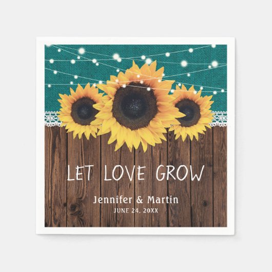 ウッドバ素朴ーラップレースサンフラワーティール(緑がかった色)結婚ズ スタンダードカクテルナプキン (正面)