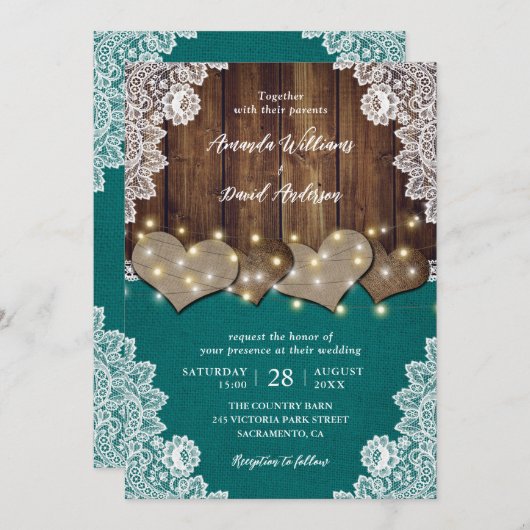 ウッドバ素朴ーラップレースティール（緑がかった色）結婚式招待状 招待状 (正面/裏面)