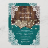 ウッドバ素朴ーラップレースティール(緑がかった色)結婚式招待状 招待状 (正面/裏面)