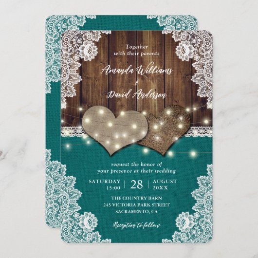 ウッドバ素朴ーラップレースティール（緑がかった色）結婚式招待状 招待状 (正面/裏面)