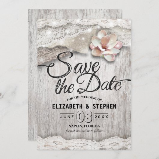 ウッドバ素朴ーラップレースバーンウェディングデートを保存 セーブザデート (正面/裏面)