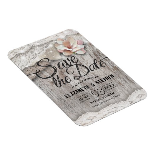 ウッドバ素朴ーラップレースバーンウェディングデートを保存 マグネット (右側)