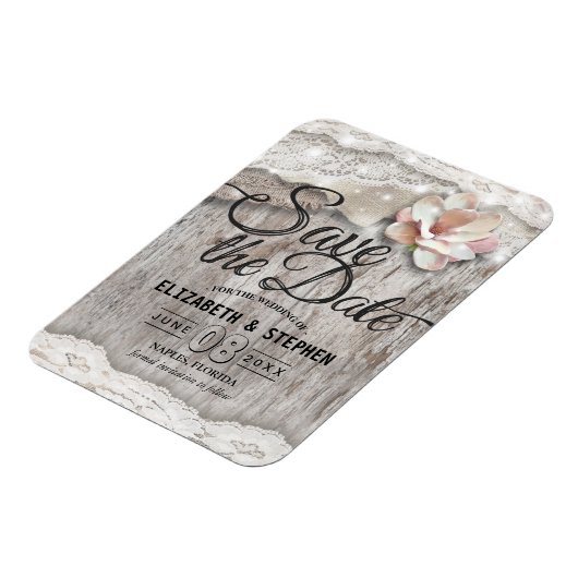 ウッドバ素朴ーラップレースバーンウェディングデートを保存 マグネット (左側)