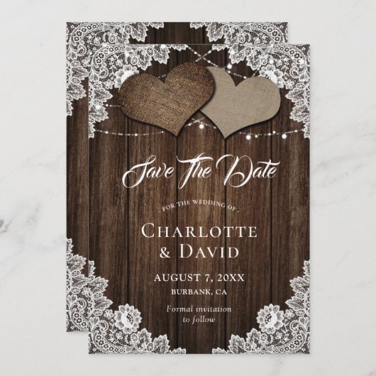 ウッドバ素朴ーラップレース結婚式の日付カードを保存 セーブザデート (正面/裏面)