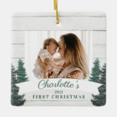 ウッドパイン素朴ツリーベビー初めてのクリスマス写真 セラミックオーナメント (正面)