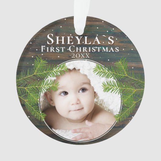 ウッドパイン素朴ベビーの初めてのクリスマス写真 オーナメント (正面)