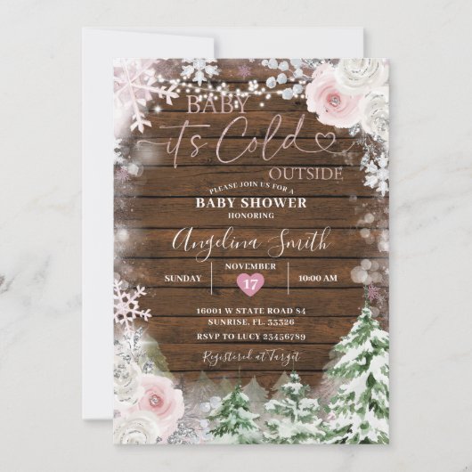 ウッドパステルピンクスノーフレークフローラベビーシャワー 招待状 (正面)