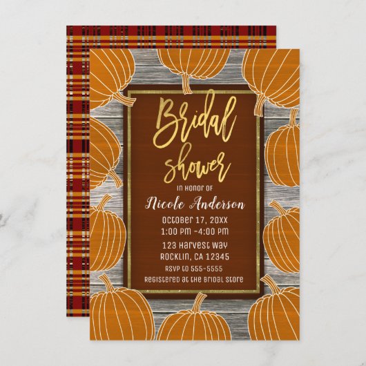 ウッドパンプキ素朴ンス秋ゴールドフォイルブライダルシャワー 招待状 (正面/裏面)