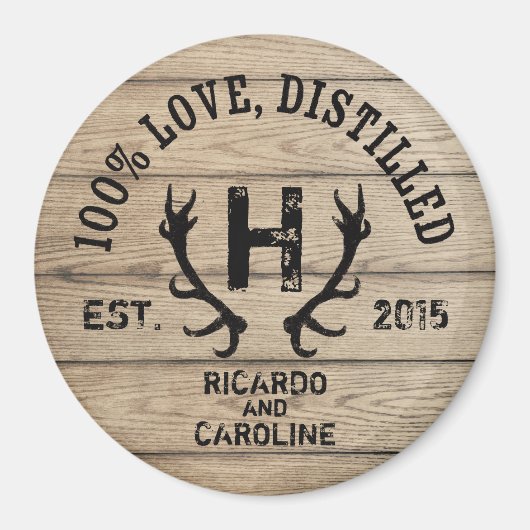 ウッドパーソナライズされたバーボンバレル結婚ズモノグラム マグネット (正面)