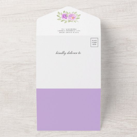 ウッドパープル素朴フローラテディベア赤ちゃんシャワー オールインワン招待状 (外側)