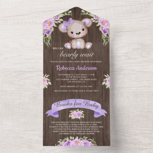 ウッドパープル素朴フローラテディベア赤ちゃんシャワー オールインワン招待状 (内側)
