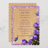 ウッドパープル素朴フローラバタフライブライダルシャワー 招待状 (正面/裏面)