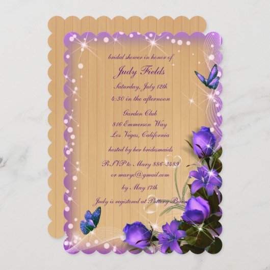ウッドパープル素朴フローラバタフライブライダルシャワー 招待状 (正面/裏面)