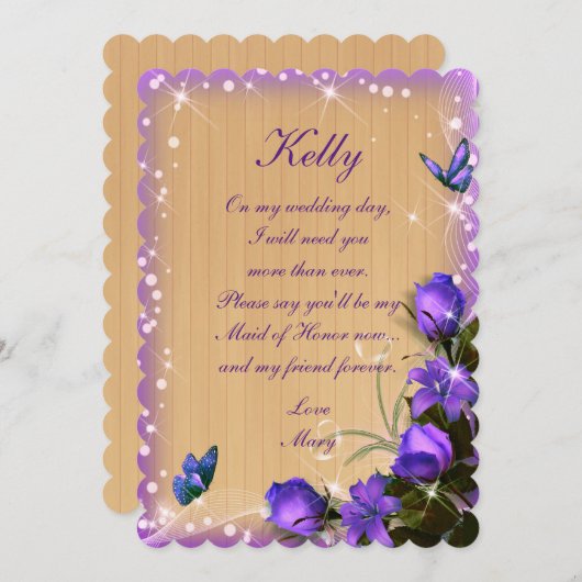 ウッドパープル素朴フローラバタフライメイド・オブ・オーナー(花嫁付き添い人) 招待状 (正面/裏面)