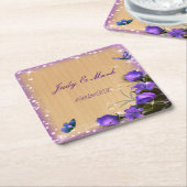 ウッドパープル素朴フローラバタフライ結婚ズ スクエアペーパーコースター (アングル)