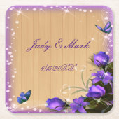ウッドパープル素朴フローラバタフライ結婚ズ スクエアペーパーコースター (正面)