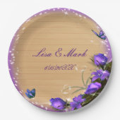 ウッドパープル素朴フローラバタフライ結婚ズ ペーパープレート (正面)