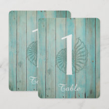 ウッドビーチでのブルーシーシェル ウェディングテーブルナンバー