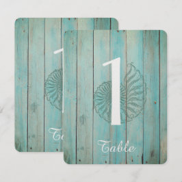 ウッドビーチでのブルーシーシェル ウェディングテーブルナンバー 招待状