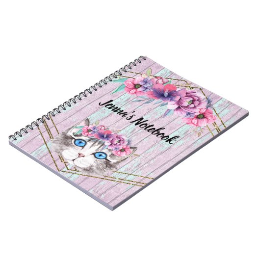 ウッドピンクかわいらしの背景のフェイク子猫顔 ノートブック (左側)