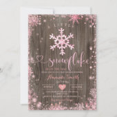 ウッドピンク小さなスノーフレーク冬の赤ちゃんシャワー 招待状 (正面)