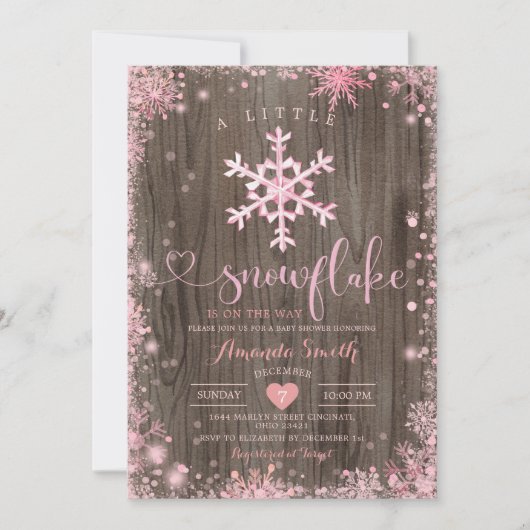 ウッドピンク小さなスノーフレーク冬の赤ちゃんシャワー 招待状 (正面)