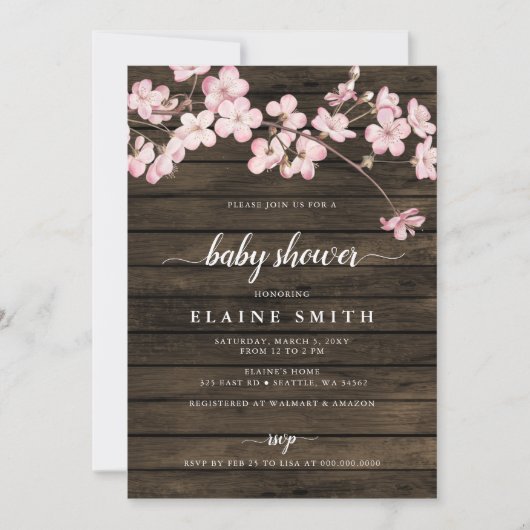 ウッドピンク桜さくらんぼ花咲き赤ちゃんシャワー 招待状 (正面)