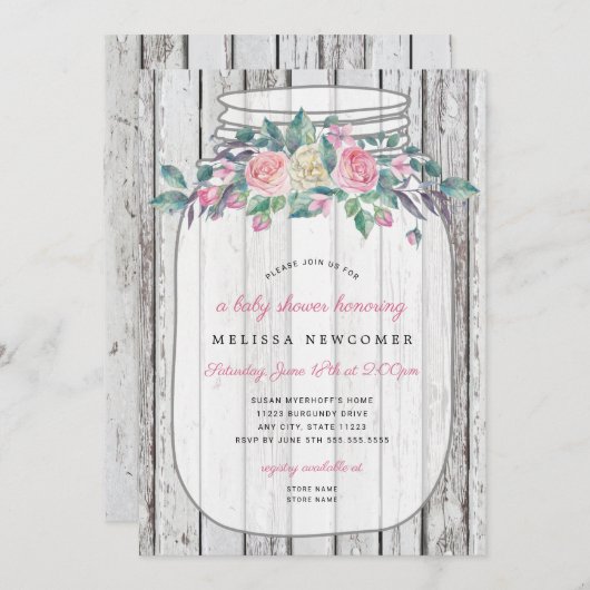 ウッドピンク素朴フローラメイソンのジャベビーシャワー 招待状 (正面/裏面)