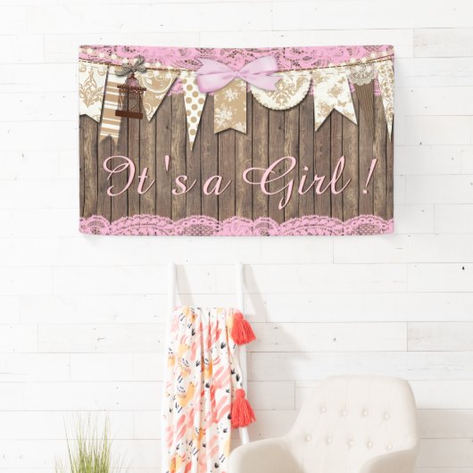 ウッドピンク素朴レース女の子ベビーシャワー 横断幕 (インサイチュ)